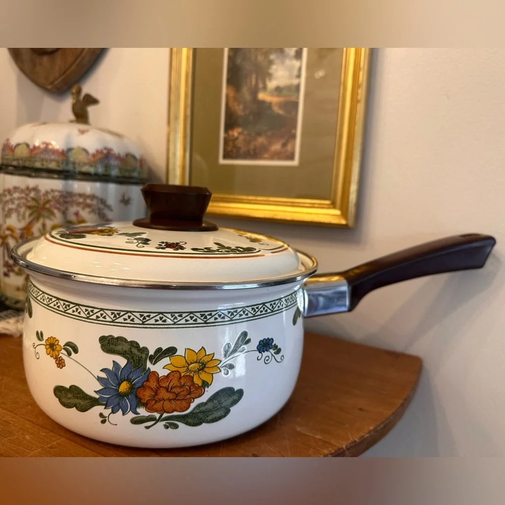 Vintage Villeroy & Bosch Retro Floral Enamel Saucepan with Lid Country Kitchen